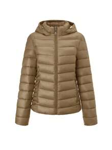 Giacca invernale casual da donna con cappuccio, maniche lunghe, cerniera e tasche, realizzata in tessuto tessuto con imbottitura in poliestere 100%, lunghezza regolare - Caffè Marrone - Visualizzare 1
