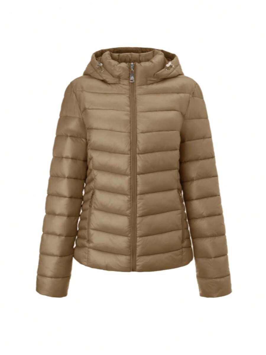 Giacca invernale casual da donna con cappuccio, maniche lunghe, cerniera e tasche, realizzata in tessuto tessuto con imbottitura in poliestere 100%, lunghezza regolare - Caffè Marrone - Visualizzare 1