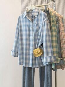 YUXIN Retro Blue Plaid Long Sleeve Chic Loose Fit Shirt For Women, Unique Design, Autumn