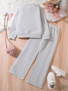 Left Mama 2 件 Tween 女童花卉印花长袖上衣和直筒裤套装，保暖内衬，适合秋冬季