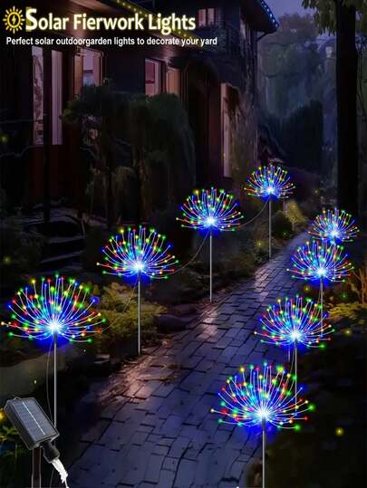 4 piezas Luces solares para jardín, luces solares impermeables para exteriores, 8 modos de parpadeo, 320 luces solares de fuegos artificiales LED, luces solares DIY, adecuadas para jardín, camino, macizo de flores, césped, decoración del patio (Coloridas/Blanco cálido/Blanco)