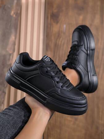 Men's Low-Top Sneakers - Casual Sports College Style, Solid Color PU Upper, Black Or White Options, Round Toe, Solid Color, Synthetic Leather, Breathable Fabric Lining, Durable EVA Outsole, Comfortable Daily Running Shoes, Suitable For All Seasons