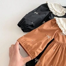 Girls Dress Autumn Lapel Retro Embroidery Baby Girl Princess Spring And Autumn Skirt - 黑色 - 查看 7