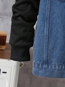 Tween Boys Casual Outdoor Denim Patchwork Jacket, Versatile For Everyday Wear, Autumn/Winter - Black - View 5