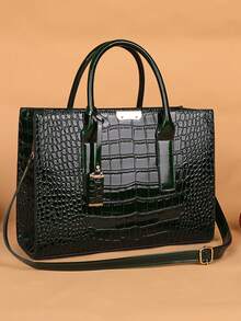 New Crocodile Embossed Handheld Tote Bag With Accessories - Black - View 10