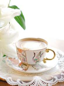 1 set de tasses et soucoupes en céramique avec motif grue et osmanthe, ensemble de tasses à lait/café asymétriques avec bordure dorée de luxe, convient pour la maison, le restaurant, le café, la pâtisserie, les cadeaux, les fêtes
