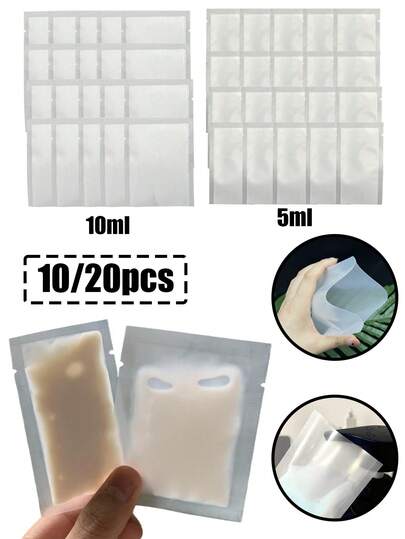 10/20個 - 5/10ml ローション詰め替え可能バッグ、熱シール シャンプーサンプルバッグ、コスメフラットポーチサンプル、マットフラットバッグ、使い捨て詰め替えバッグ、トラベル携帯用詰め替えバッグ、シャンプー、コンディショナー、ローション、液体石鹸の保管に適し、省スペースで持ち運びやすい