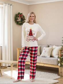 Family Matching Christmas Pajama Set, Christmas Tree Letter Print Long Sleeve Tops And Plaid Pants Holiday Sleepwear Outfits