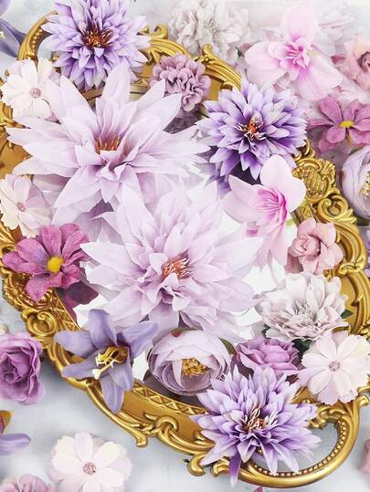 48 件紫色丝绸雏菊和人造玫瑰花头 - 散装人造花，用于 DIY 蛋糕装饰、花环、花圈和花束 - 非常适合婚礼、新娘送礼会、圣诞节装饰、青少年送礼会和家庭派对装饰