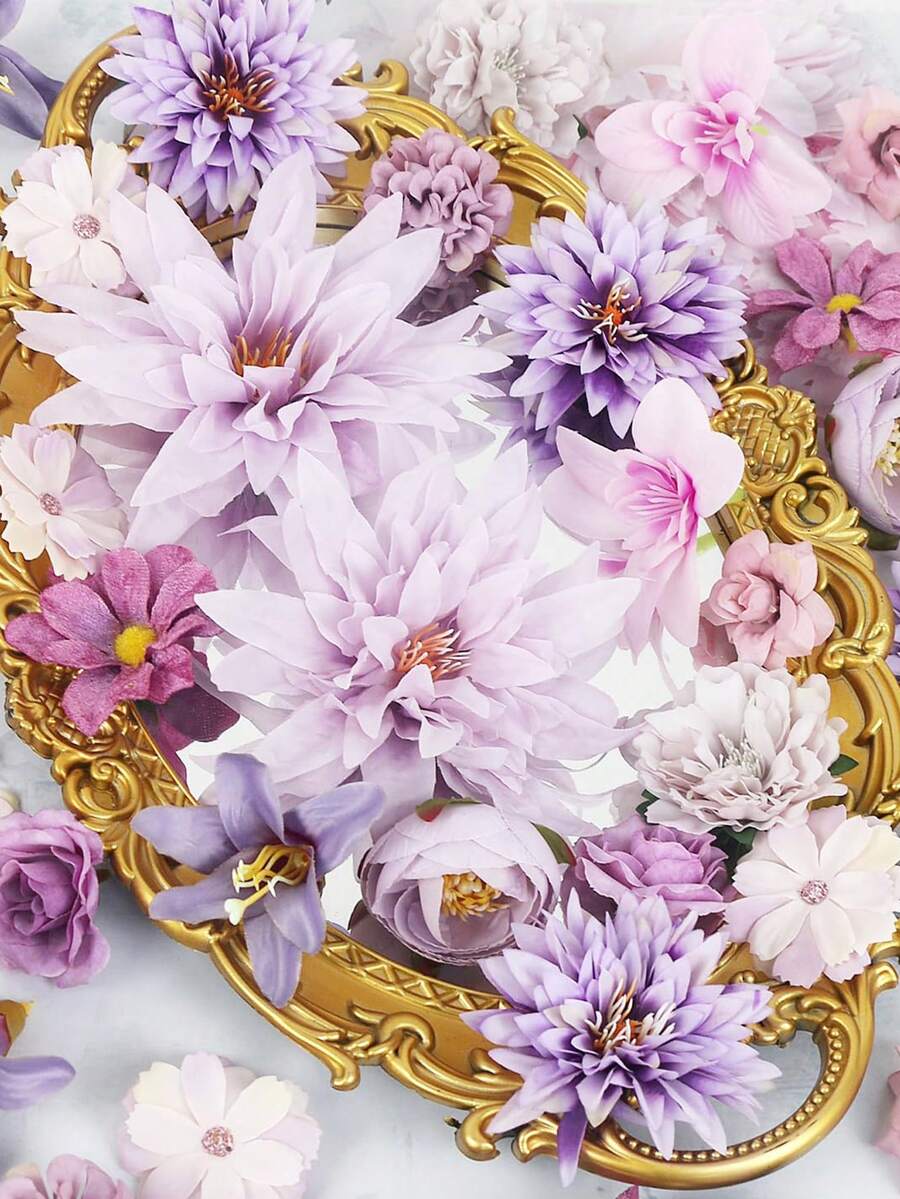 48 件紫色丝绸雏菊和人造玫瑰花头 - 散装人造花，用于 DIY 蛋糕装饰、花环、花圈和花束 - 非常适合婚礼、新娘送礼会、圣诞节装饰、青少年送礼会和家庭派对装饰 - 彩色 - 查看 1