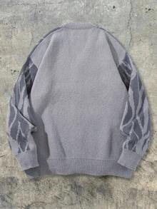 Men's Casual Loose Fit V-Neck Letter Print Long Sleeve Sweater, Versatile Street Style American Design, Suitable For Spring, Autumn, Winter