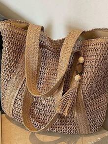 DESC Large Summer Straw Shoulder Bag With Key Ring, Zipper Closure, B-11 STRAW - Brown - View 1