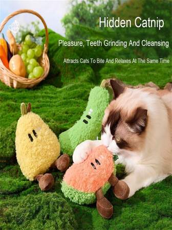 Plush Catnip Fruit Toy 4 Pcs Cute Squishy Cat Toys BB Sound Cats Toy For Biting And Chewing Self-Entertainment Washable Fabric Fun Entertaining For Small/Medium/Large Cats Kitten Senior Cat