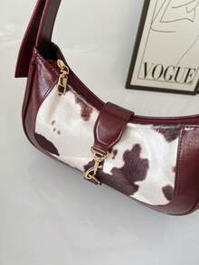 1pc Women's Minimalist Chic Shoulder Bag, Color Block Half-Moon Shape Handbag, Large Capacity, Suitable For Dates, Outings, Parties, Available In Burgundy Leopard Print And Cow Print