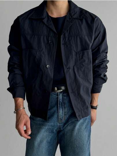 Men's Solid Color Utility Shirt With Collar, Casual Loose Fit Windbreaker Jacket With Double Pockets, Fashionable Design, Suitable For Spring, Autumn