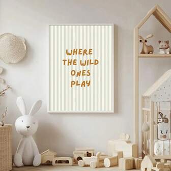 1pc Framed/Unframed Where The Wild Ones Play Nursery Quote Poster Stripe Typography Boho Baby Kids Room Wall Art Canvas Print Minimalism Aesthetic Decor Painting For Children's Room,Playroom,Living Room,Bedroom,Modern Home Decoration