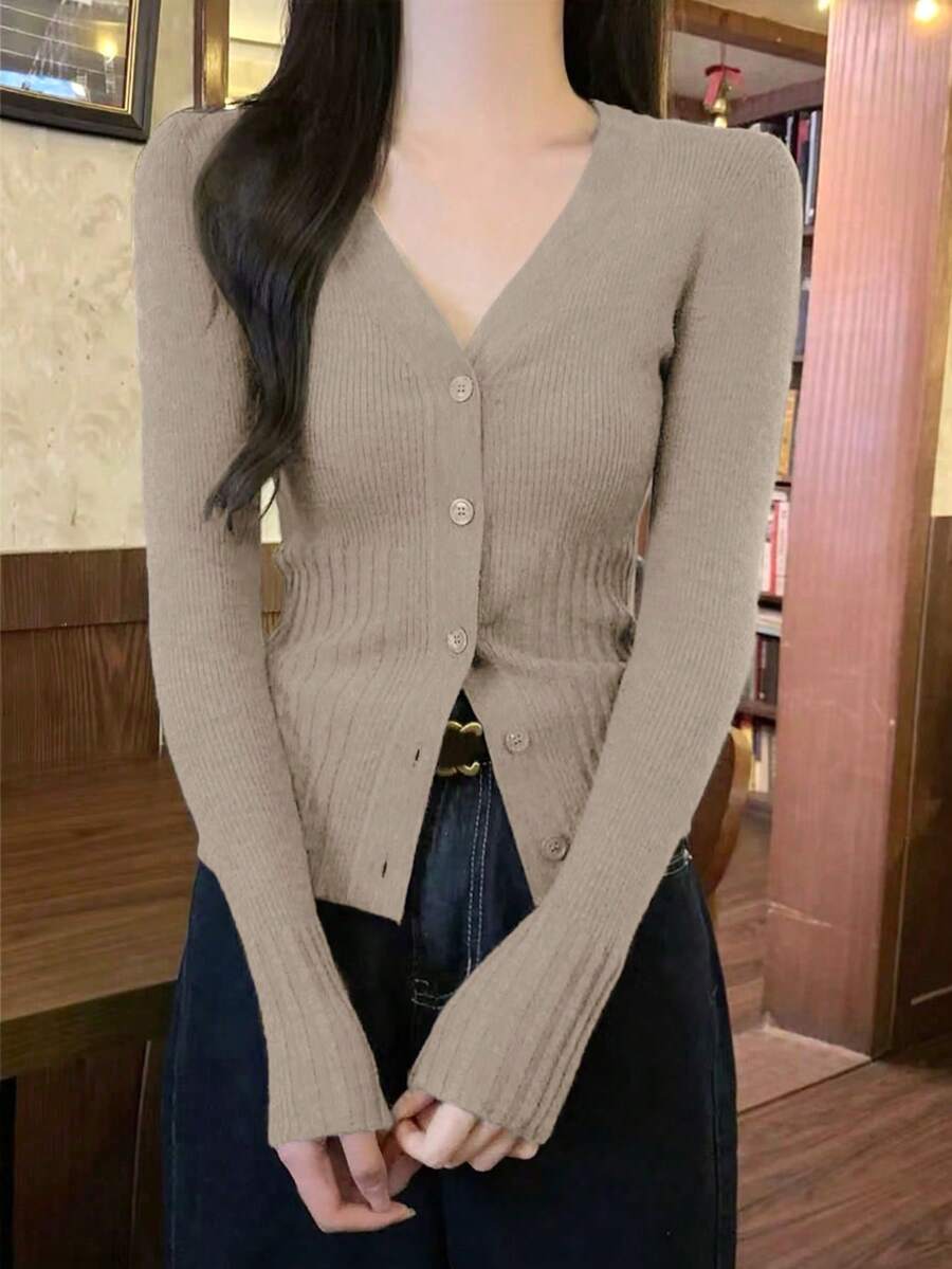 V-Neck Design, Fine Buckle, Long Sleeve, Ribbed Knit Cardigan, Essential For Women In Autumn/Winter And Back To School Season - Khaki - View 1