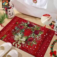1pc Christmas Rose Pattern Bathroom Anti-Slip Mat, Made Of Artificial Cashmere With Plush Decoration, Is Suitable For Bathrooms, Doorways, Kitchens And Other Occasions. It Can Be Machine Washed, Is A Holiday Decoration And Can Be Given As A Gift