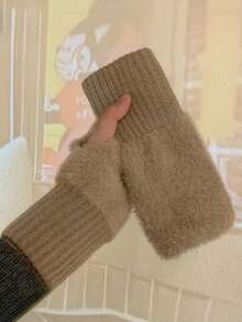 1 双柔软半指手套，针织保暖无指冬季手套，适合女士 - 白色 - 查看 14