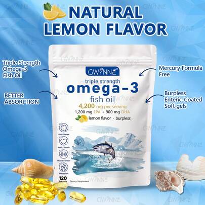  Gwynne Super Omega 3 Premium Limón Aceite De Pescado 4200mg,epa,dha Y Omega 3 Supplement,salud Del Corazón,salud Cerebral, Reducción Del Estrés,apoyo A La Salud Del Colesterol,120 Cápsulas
