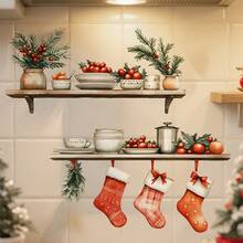 1 pieza Elementos de Navidad y patrón de regalo en acuarela, Pegatina autoadhesiva de PVC, Estilo romántico de invierno, Crea un ambiente cálido navideño, Adecuado para decoración de pared en sala de estar, dormitorio, comedor, Pegatinas de pared, Decoración del hogar, Decoraciones navideñas