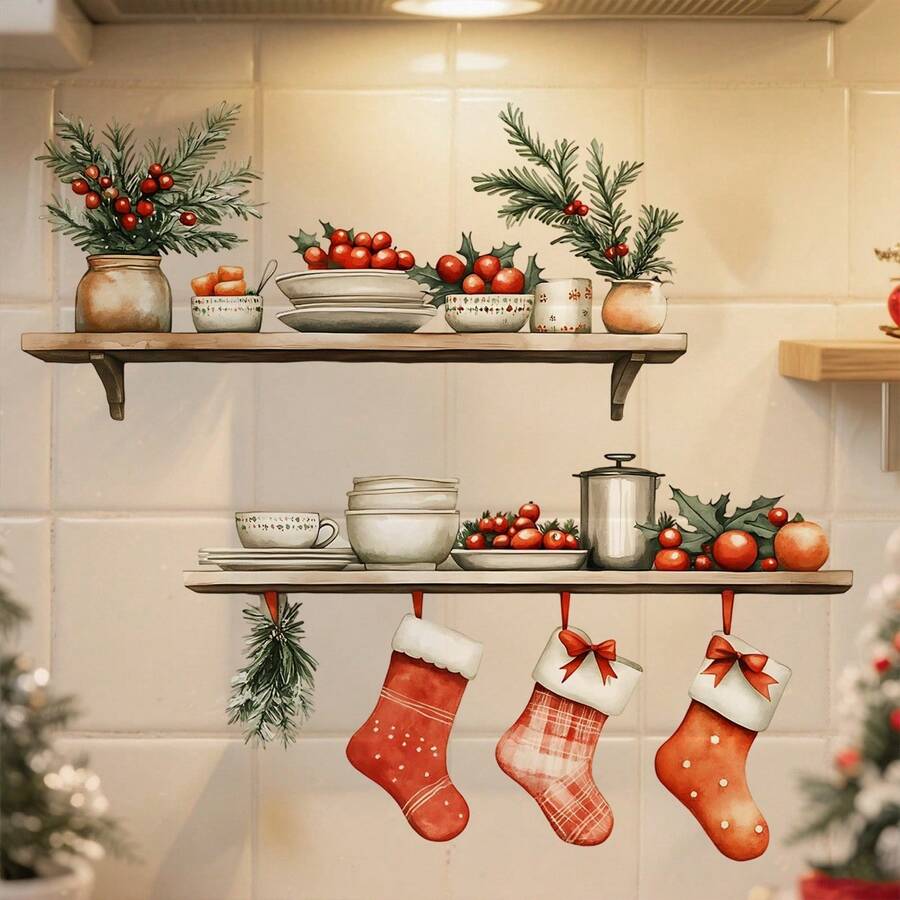 1 pieza Elementos de Navidad y patrón de regalo en acuarela, Pegatina autoadhesiva de PVC, Estilo romántico de invierno, Crea un ambiente cálido navideño, Adecuado para decoración de pared en sala de estar, dormitorio, comedor, Pegatinas de pared, Decoración del hogar, Decoraciones navideñas