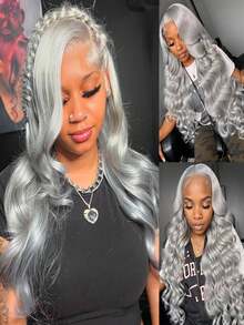 Grey Body Wave Lace Front Wigs Human Hair 250 Density Brazilian Remy Human Hair Wig Glueless Wigs For Women 13x6 HD Transparent Water Wave Lace Closure Wigs Human Hair Pre Plucked No Shedding With Baby Hair - Xám - Xem 8