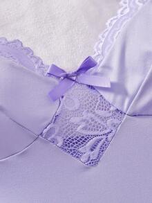 Women Sexy Lingerie Contrast Lace Milk Silk Chemise Nightgown Babydoll Dress Slip Nightwear - 紫色 - 查看 5