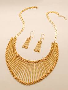 3pcs Minimalist Metal Copper Gold Jewelry Set - Includes Necklace, Earrings And Chain. Suitable For Women As Accessories For Weddings, Parties And Other Occasions - Yellow Gold - View 12