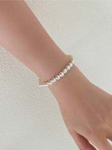 1pc Asymmetrical Faux Pearl Bracelet - Minimalist Women's Adjustable Jewelry For Banquets, Dates & Daily Wear, Elegant Personalized Gift - 銀色 - 查看 5