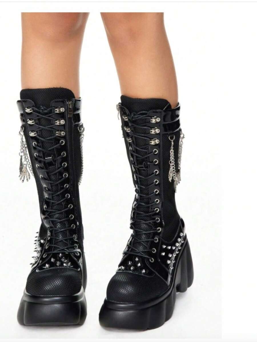 Women's Y2K Platform Mid-Calf Boots Goth Mental Chain Platform Ankle Boots Round Toe Punk Style Cosplay Party Boots For Women - 黑色 - 查看 1