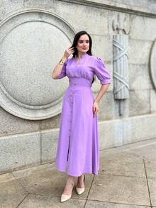 MARRANT PLAIN MIDI DRESS Simple Button Contrasted Waist WOMEN'S SUMMER FASHION - tử đinh hương - Xem 1