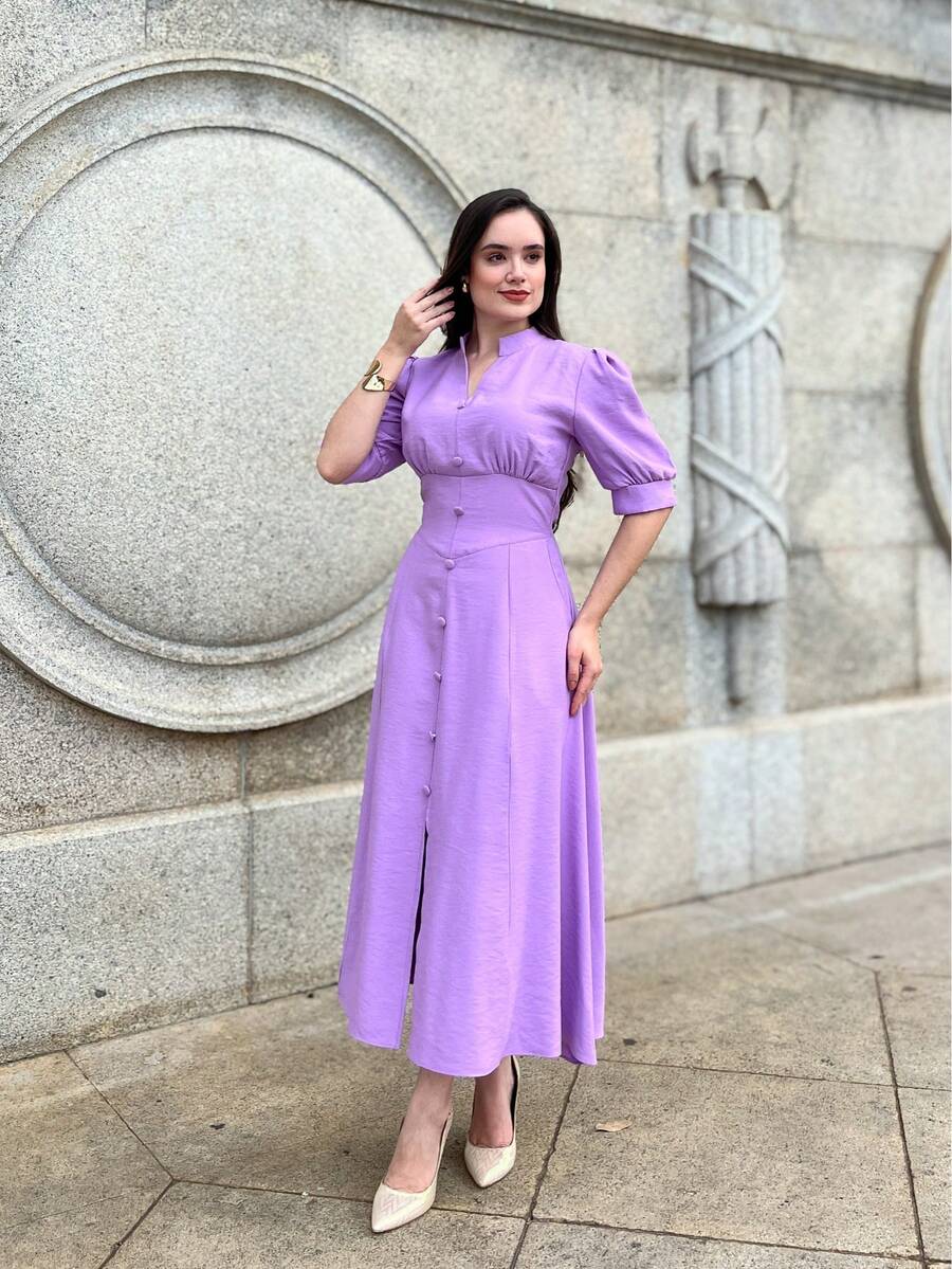 MARRANT PLAIN MIDI DRESS Simple Button Contrasted Waist WOMEN'S SUMMER FASHION - tử đinh hương - Xem 1