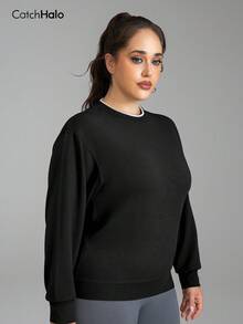 1 pieza Sudadera de manga larga talla grande, parte superior de punto waffle casual deportiva con bloques de color y cuello redondo, ligera y suave con ajuste holgado, para otoño invierno gimnasio yoga diario, sudadera deportiva para mujer