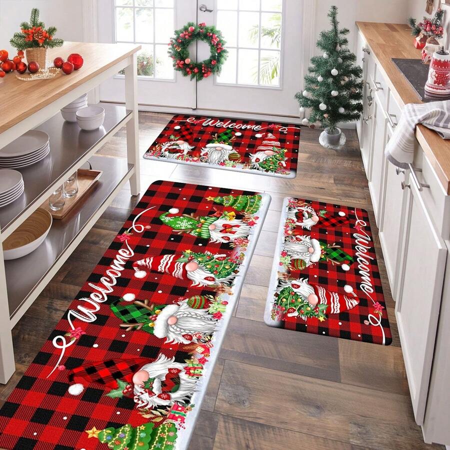 1/2/3 Pcs Thick 0.47 Inch/1.2 Cm Christmas Kitchen Mat, Gnome Doormat Set, 2 Pcs Red Buffalo Plaid Waterproof Anti-Slip Welcome Mat, Subtle Holiday Home Bathroom Decor (16x24 Inch, 16x47 Inch) - Multicolor - View 1