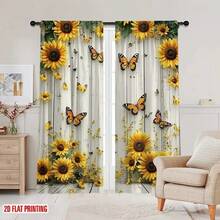 2 Piezas de Juego de Cortinas Semitransparentes de Bolsillo para Varilla de Poliéster con Patrones Florales de Girasoles y Mariposas, Adecuadas para la Decoración del Hogar Moderno en Salas de Estar, Dormitorios, Cocinas, Cortinas Fáciles de Cuidar, Cortinas de Poliéster Lavables a Máquina - Multicolor - Ver 3