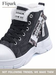 Flipark 1 Par de Botas de Cano Alto com Sola Grossa e Cadarço, Estampa de Onça, Forro Quente, Tamanhos 36-43, Recomenda-se Pedir um Número Acima, Botas de Estilo de Rua para o Inverno - Preto - Visão 7