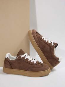 Brown Lace-Up Casual Sports Shoes, Fashion Versatile Faux Suede Trainers, Suitable For Students, All Season Casual Sports Running Shoes - Khaki - View 7