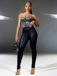 Apperloth A Street High Waist Slant Pocket Double Button PU Leather Skinny Stretchy Tapered Pants Punk Music Festival Halloween Costumes For Women - Blue - View 5