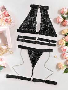 Halter Heart Ring Cutout Chain Floral Lace Sheer Garter Belt Lingerie Set 3 Piece - 黑色 - 查看 6