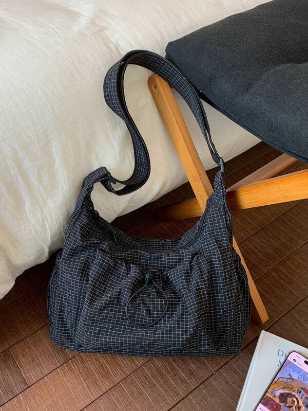 격자 무늬 여성 숄더백, 캐주얼하고 다용도 접이식 지퍼 클로저 조절 가능한 스트랩 토트 백, 일상적인 사용, 학교/대학생에게 적합, 심플하고 귀여운 주름진 멀티 포켓 드로스트링 앞 포켓 천 가방