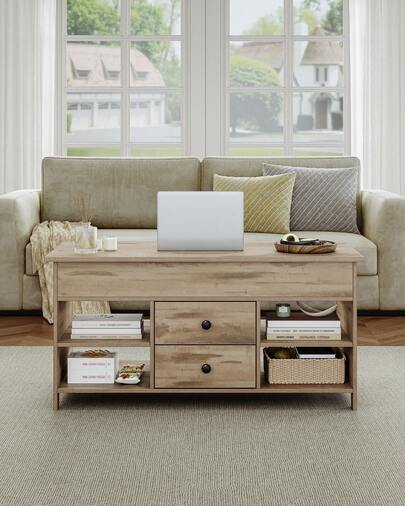 Hzuaneri Mesa de Centro Elevable, Mesa de Salón con 2 Cajones, 3 Compartimentos Ocultos, 4 Compartimentos Abierto, 50 x 100 x 45-61,3 cm, Camello Marrón-Negro