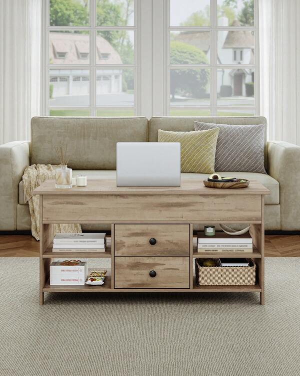 Hzuaneri Mesa de Centro Elevable, Mesa de Salón con 2 Cajones, 3 Compartimentos Ocultos, 4 Compartimentos Abierto, 50 x 100 x 45-61,3 cm, Camello Marrón-Negro