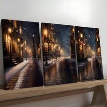 3 pièces Scène de rue enneigée moderne Toiles murales, Impression haute définition avec cadre en option, Convient pour les salons, chambres à coucher, salles de bain, bureaux, cafés, salles de sport, décorations de fête de famille, peintures murales de décoration de la maison, peintures murales de décoration de Noël, cadeaux idéaux pour les amis