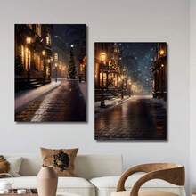 3 pièces Scène de rue enneigée moderne Toiles murales, Impression haute définition avec cadre en option, Convient pour les salons, chambres à coucher, salles de bain, bureaux, cafés, salles de sport, décorations de fête de famille, peintures murales de décoration de la maison, peintures murales de décoration de Noël, cadeaux idéaux pour les amis