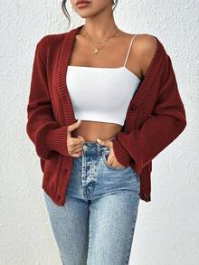 New Elegant Women's Solid-Color Front-Buttoned Knitted Cardigan Jacket For Work, Commuting And Dates - Red - View 5