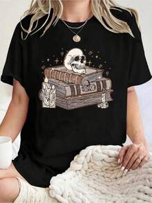 Plus Size Women's Casual T-Shirt Women's Skull And Books Print For Halloween Party 220g
