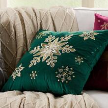 1pc Snowflake Embroidery Pillowcase, Soft Velvet Fabric, Christmas Decor For Sofa Living Room, Dark Green - Dark Green - View 7
