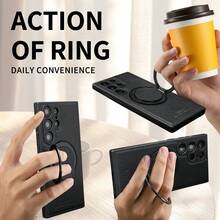 1pc Aunote High-Quality Luxury Litchi Grain PU Leather 360° Rotating Ring Holder Magnetic Protective Phone Case, Comfortable Surface, Smooth Rotating Ring Stand, Ideal For Streaming, Office, Photography, Supports Wireless Charging, Car Mount, Suitable Compatible With Samsung Galaxy S23 Ultra/S24 Ultra/S25 Ultra, Unisex Premium Gift - 黑色 - 查看 8
