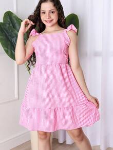 Vestido Infantil e Juvenil para Meninas e Adolescentes de Alça Estampa Xadrez Tecido Crepinho Para Festa Junina Julina Manga Frufru Moda Primavera Verão com babados (Vinf430) - Rosa chiclete - Visão 2